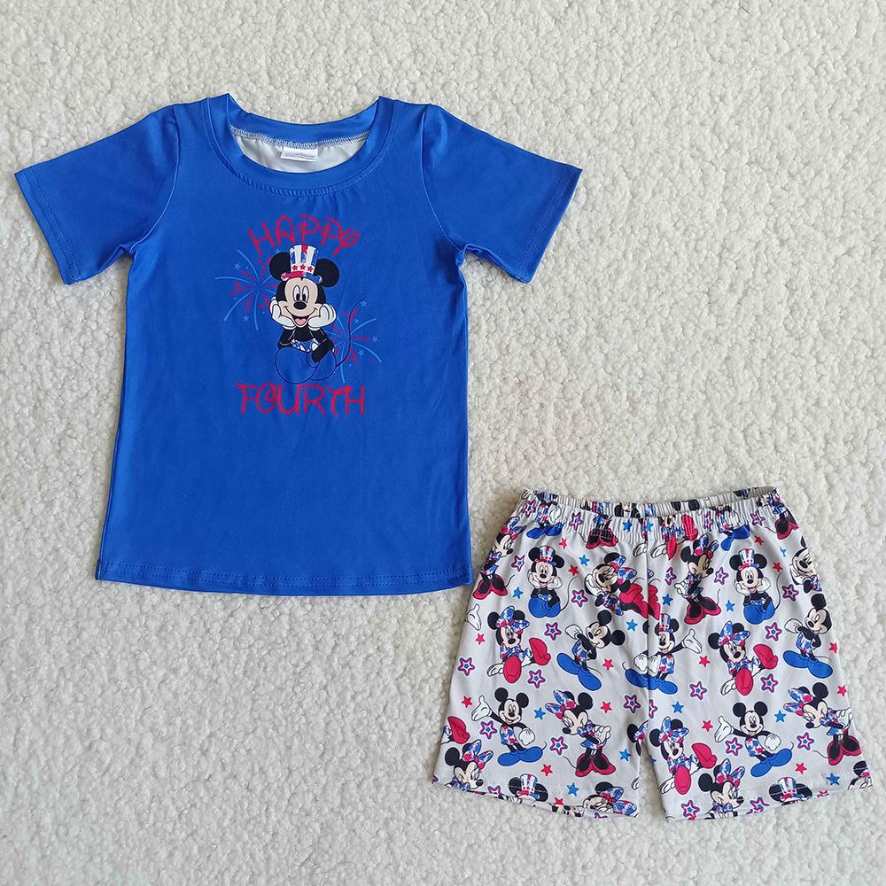 D10-18 Happy Forth Firework 4th Of July Blue Red M Cartoon Boys Short Sleeve Shorts Outfits