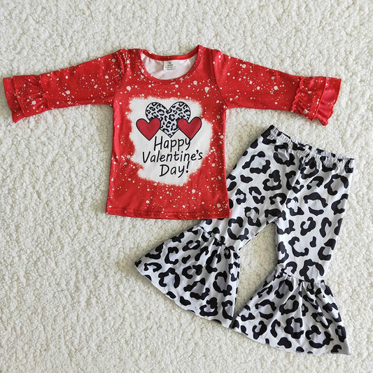 Clearance 6 A33-12 Happy Valentines Red Leopard Print Girls Long Sleeve Bell Bottom Pants Outfits