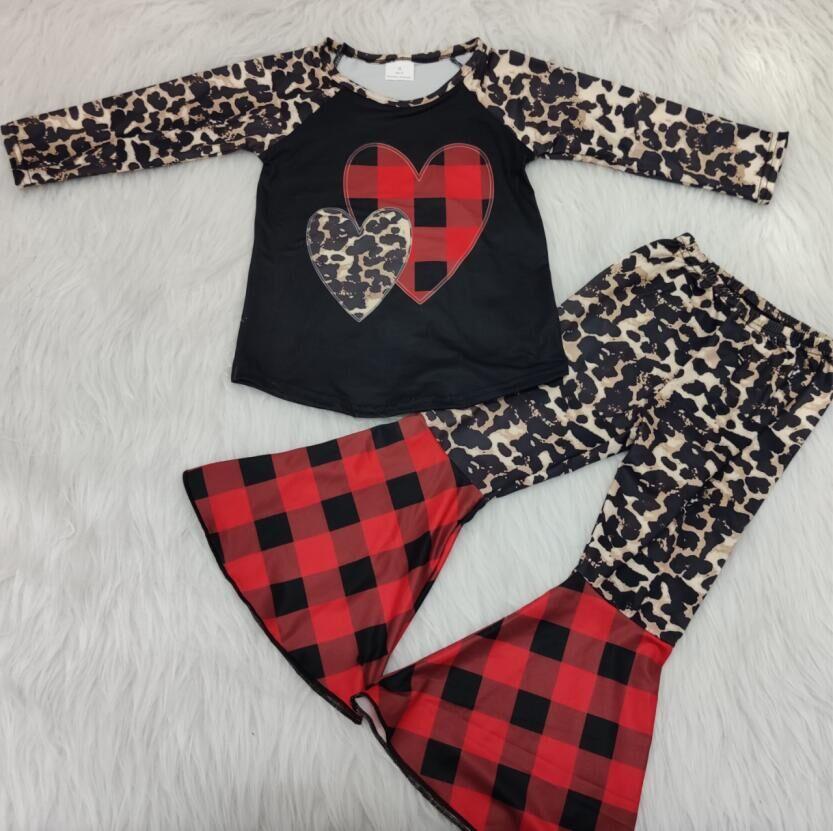 Clearance 6 A12-27 Valentines Leopard Print  Girls Long Sleeve Bell Bottom Pants Outfits