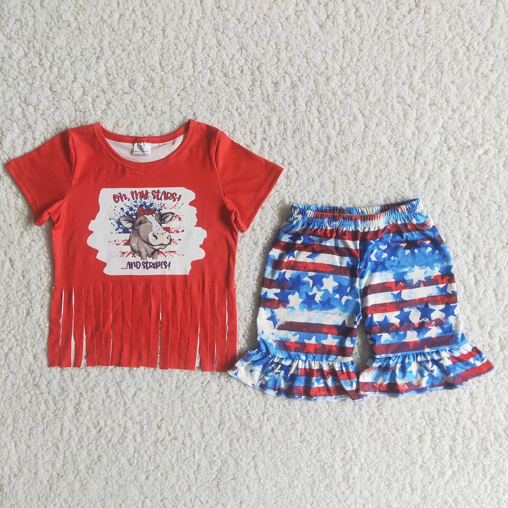 4th Of July Red Tassels Red Heifer Girls Set