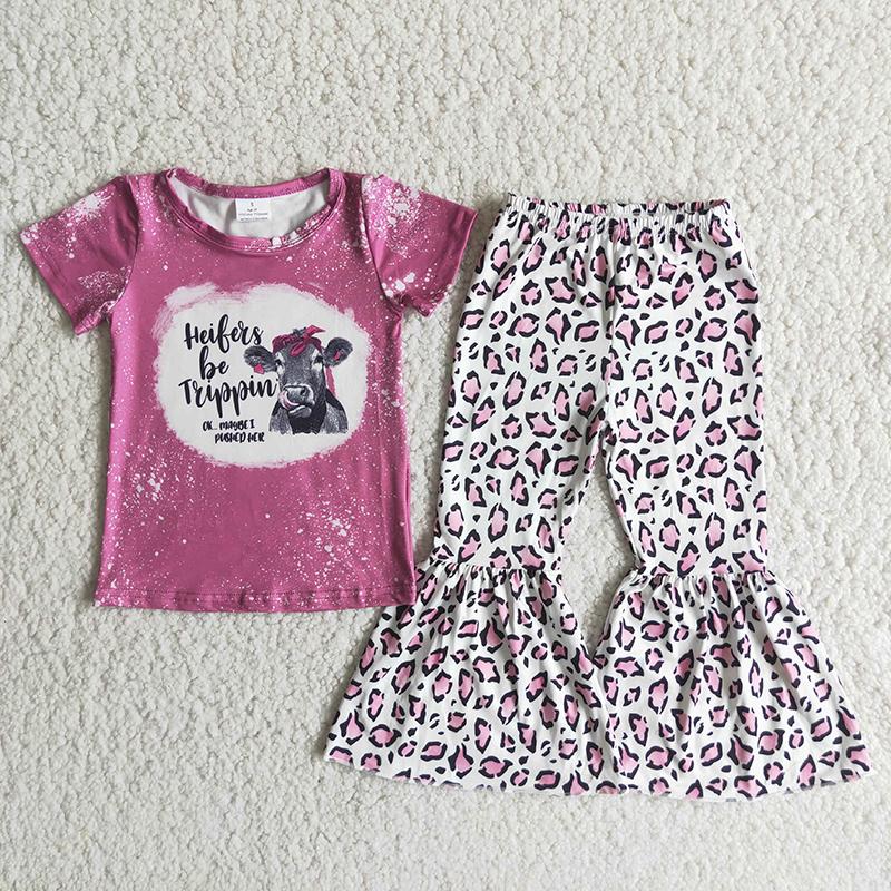 Clearance C3-24 Heifer Cow Purple Pink Leopard Print Girls Short Sleeve Bell Bottom Pants Outfits