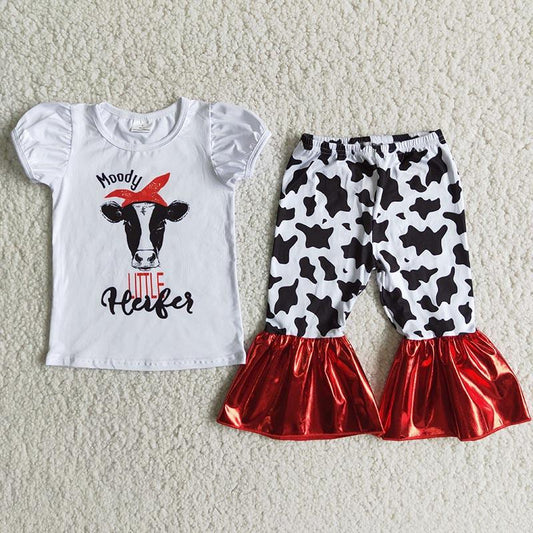 B13-1 Moody Love Heifer Cow Print Girls Short Sleeve Bell Bottom Pants Outfits