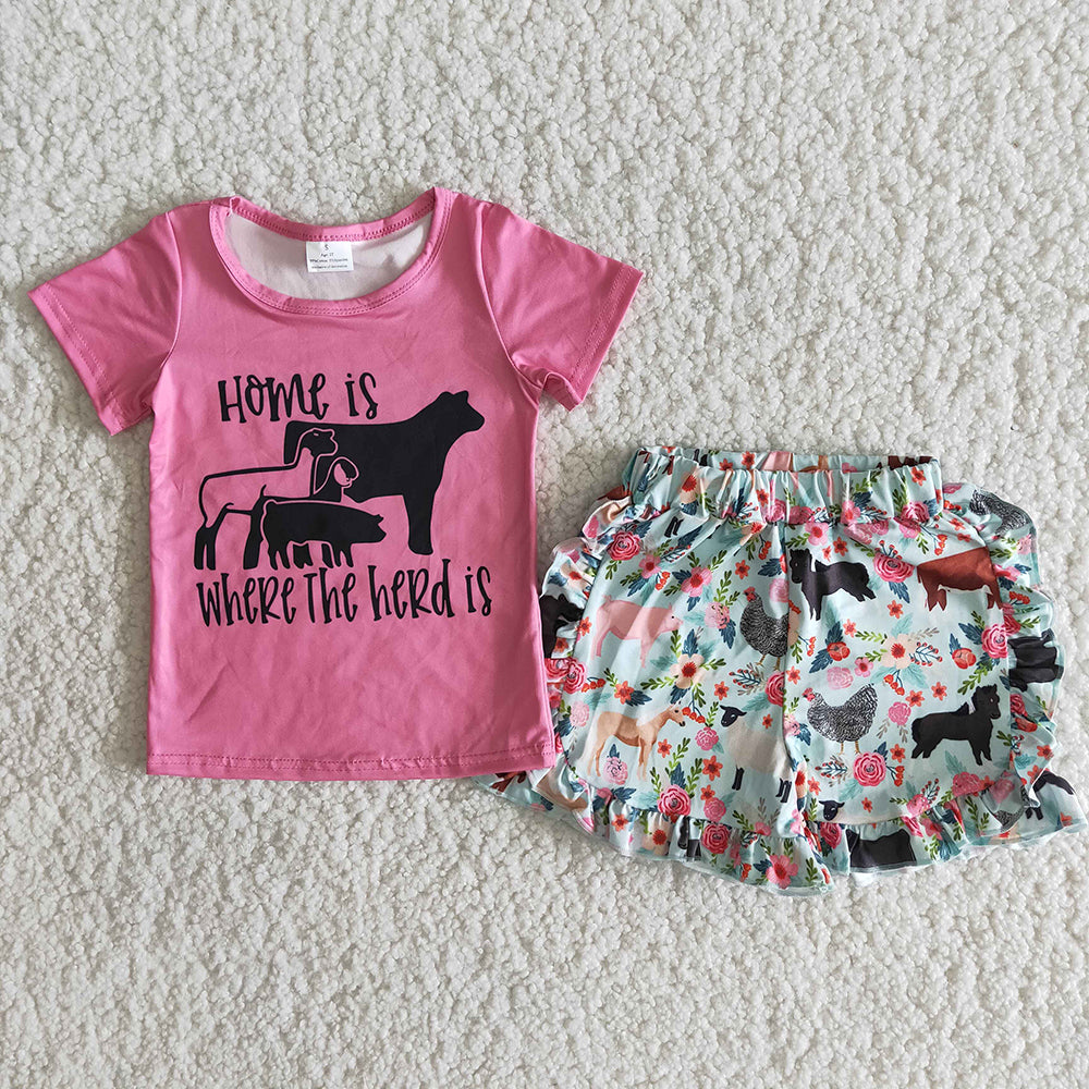 B5-22 Home Is Where The Herd Is Floral Girls Short Sleeve Shorts Outfits