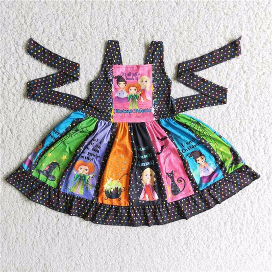 E3-4 Halloween Witch Cartoon Belt Patchwork Girls Sleeveless Dresses