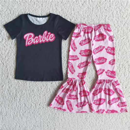 E2-19 Pink Letter Black Girls Short Sleeve Bell Bottom Pants Outfits