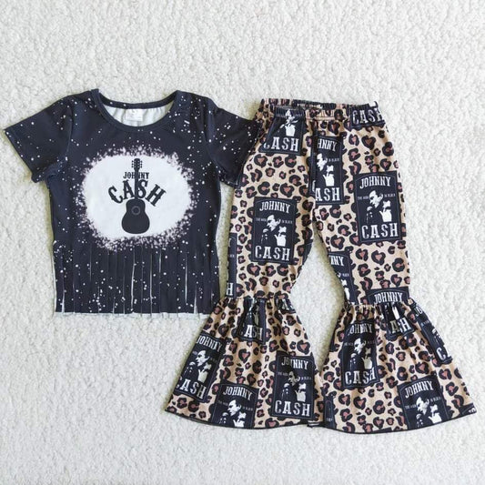 Clearance D5-13 Black Bleach Design Guitar Leopard Girls Short Sleeve Bell Bottom Pants Outfits