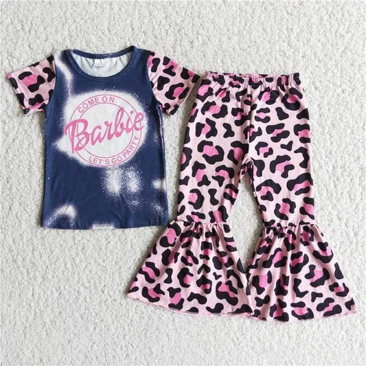 E8-1 Blue Pink Bleach Leopard Print Girls Short Sleeve Bell Bottom Pants Outfits