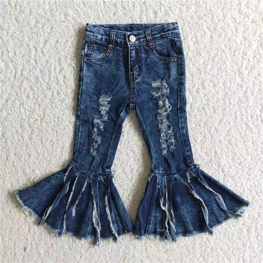 C4-23  Blue Distress Girls Double Ruffles Denim Jeans