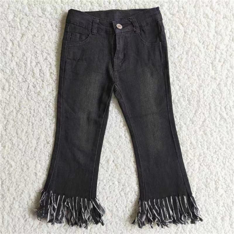 D4-30 Black Solid Color Tassels Baby Girls Denim Jeans