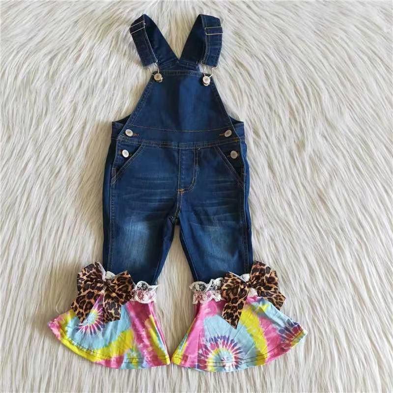 C10-12 Girls Tie Dye Ruffles Overall Denim Jeans With Bow