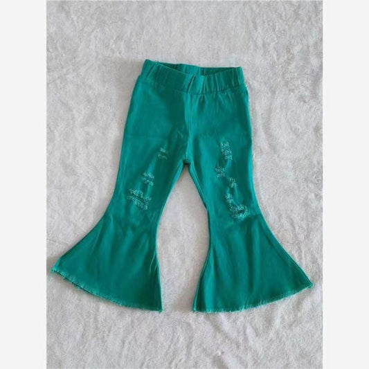 Green Solid Color Cute Bell-bottom Girls Bell-bottom Denim Jeans