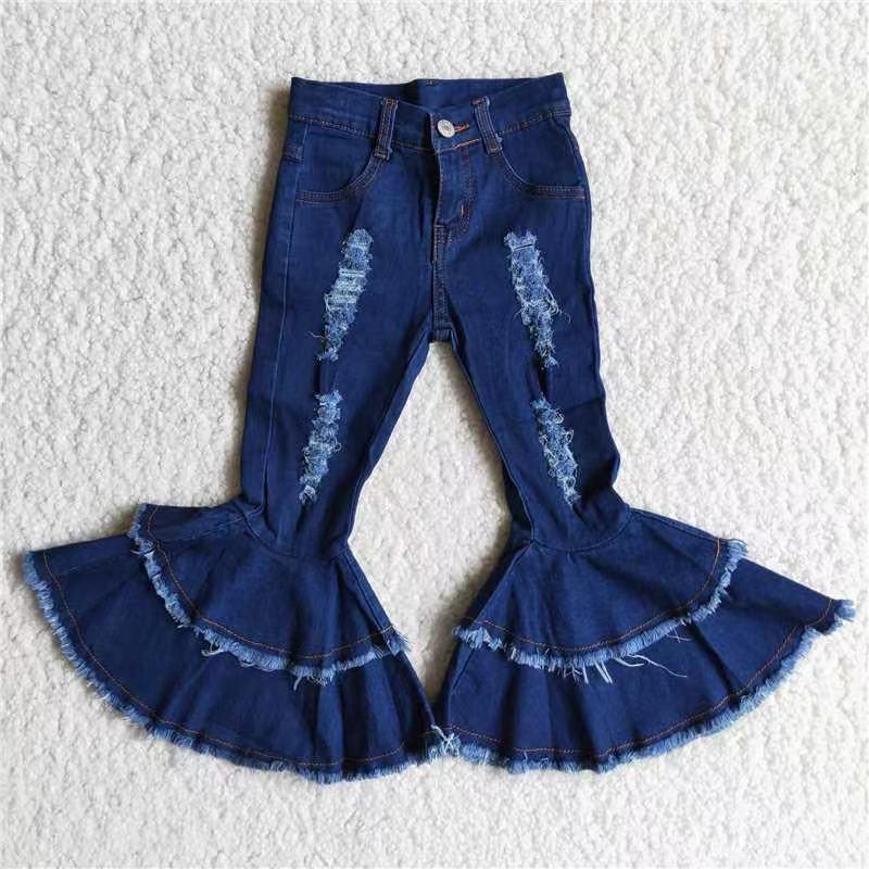 C12-9 Distress Dark Blue Print Double Ruffles Denim Jeans