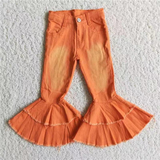 E1-11 Orange Bell-bottom Girls Double Ruffles Denim Jeans