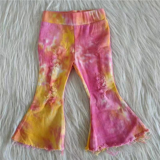 Hot Pink & Yellow Tie Dye Girls Bell-bottom Denim Jeans