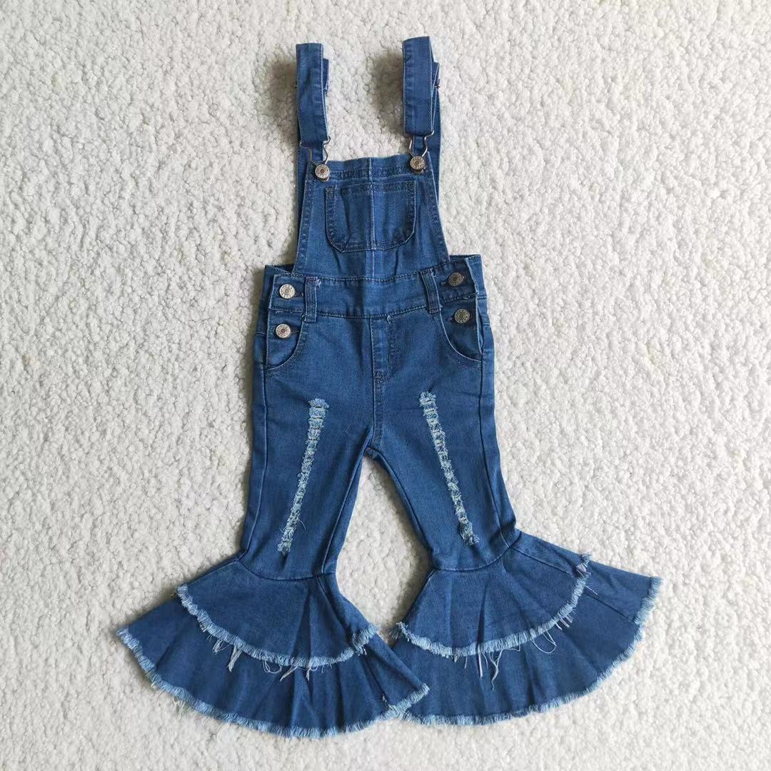 D2-30 Blue Distress Overalls Double Ruffles Denim Jeans