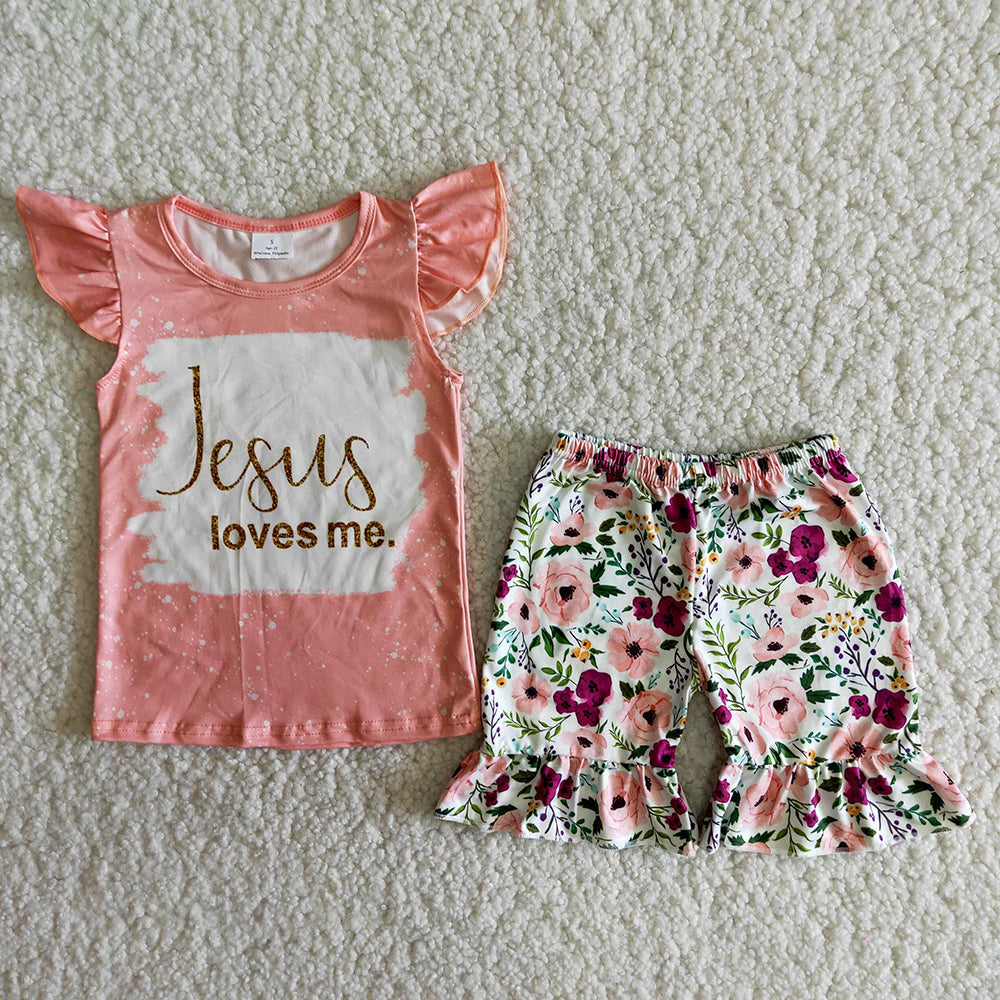 A14-12 Pink Jesus Loves Me Floral Girls Short Sleeve Shorts Outfits