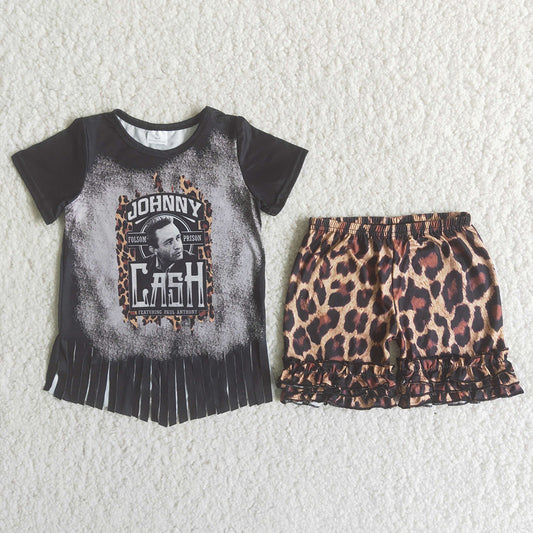 C0-16 Guitar Tassels Black Leopard Print Girls Short Sleeve Shorts Outfits