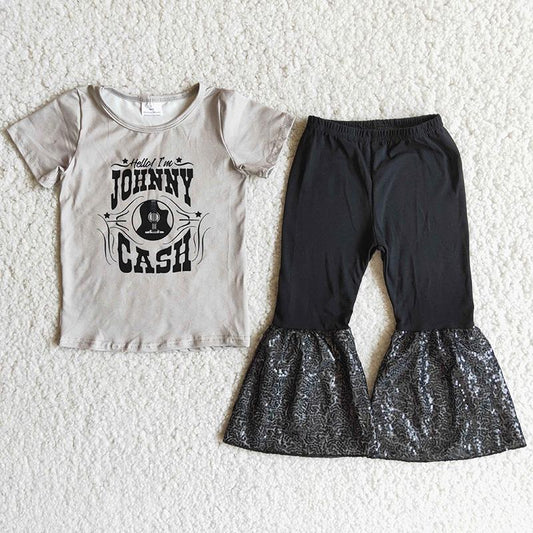 A17-14 Grey Guitar Music Black Sequin Girls Short Sleeve Bell Bottom Pants Outfits