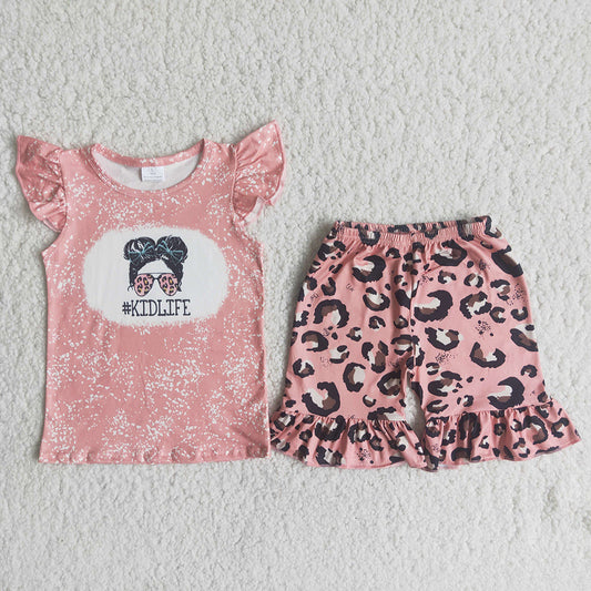 D13-12 Kid Life Pink Leopard Print Girls Short Sleeve Shorts Outfits