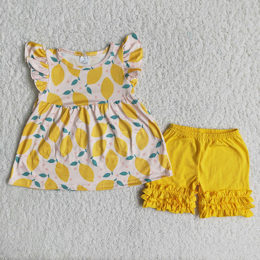 Lemon Print Yellow Shorts Summer Set