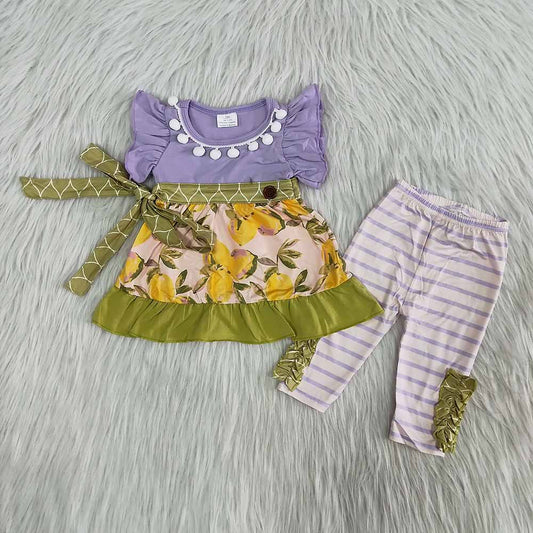 A12-5 Purple Flutter Sleeve Lemon Striped Print Girls Set