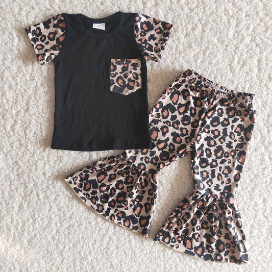 Clearance B15-14 Black Leopard Pocket Black Girls Short Sleeve Bell Bottom Pants Outfits