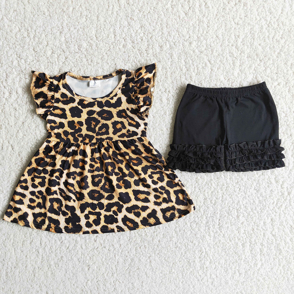 D6-12 Leopard Black Girls Flutter Sleeve Shorts Outfits