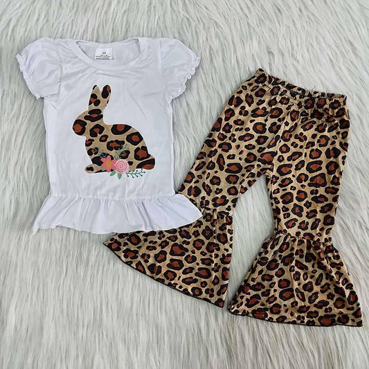 D9-20 Easter Leopard Print Rabbits Girls Short Sleeve Bell Bottom Pants Outfits