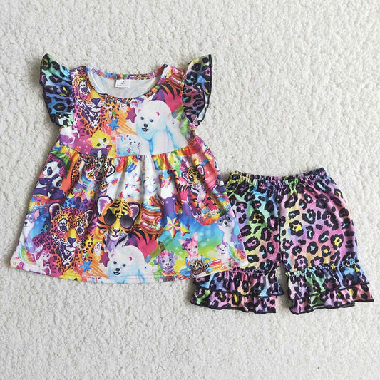 C16-3 Purple Leopard Tiger Cartoon Bear Girls Flutter Sleeve Shorts Outfits