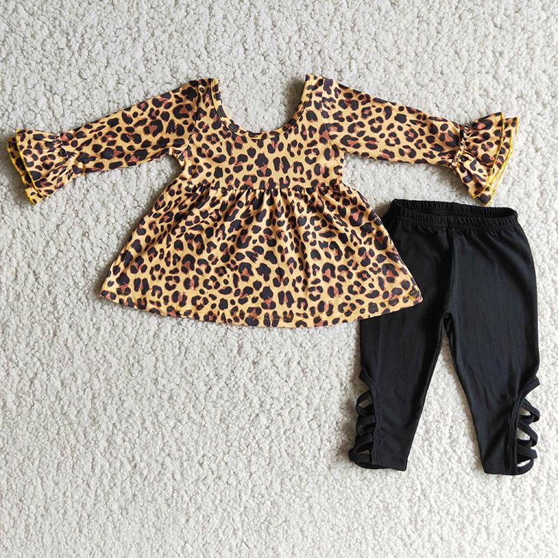 Clearance 6 B6-40  Black Leopard Print Tunic Girls Long Sleeve Pants Outfits