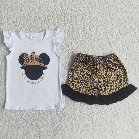 A13-10 M Cartoon Leopard Girls Flutter Sleeve Shorts Outfits