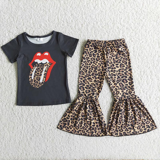 Clearance A3-16 Black Short Sleeve T-shirts Match Leopard Print Pants Set