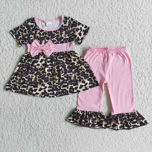 Clearance Pink Bow Short Sleeve Leopard Print Girls Set