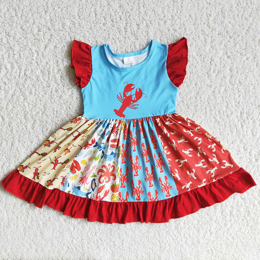 Clearance D12-27 Lobster Crayfish Red Blue Patchwork Girls Flutter Sleeve Twirl Dresses