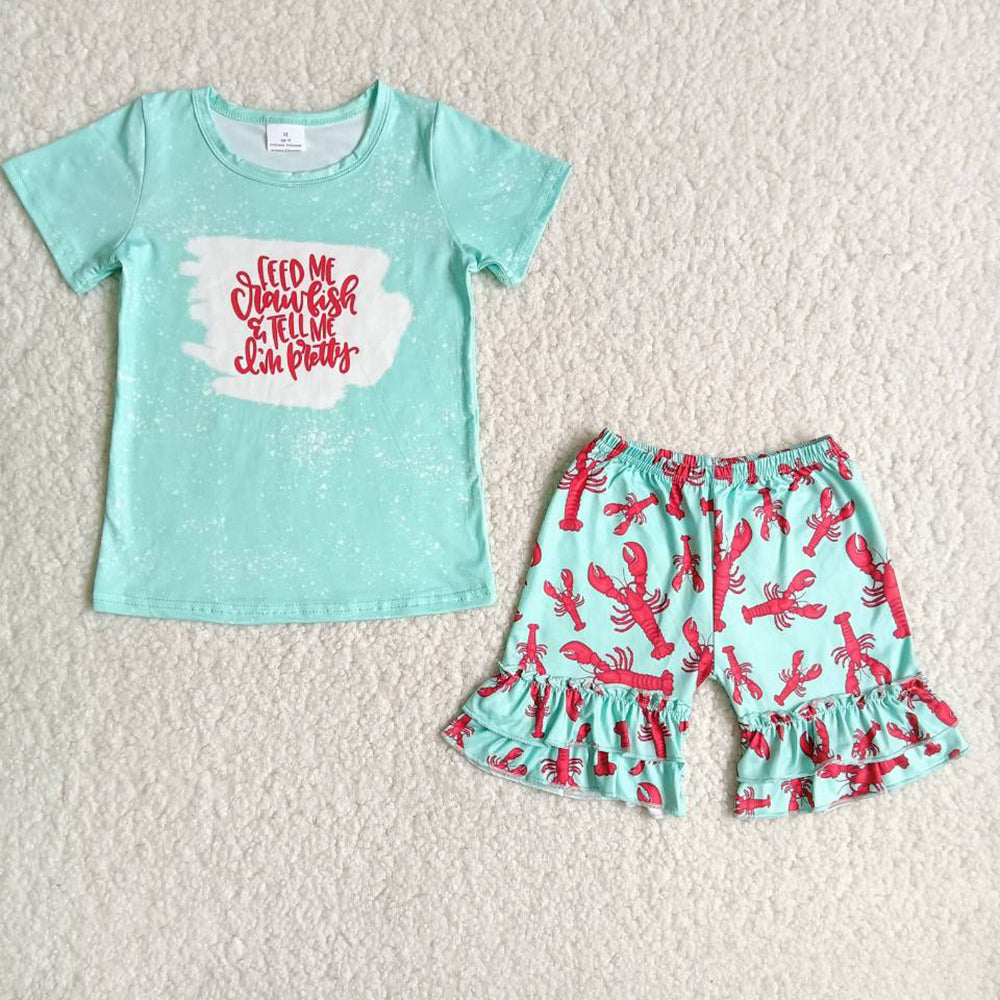 C5-3 Blue Bleach Design Crawfish Lobster Girls Short Sleeve Shorts Outfits