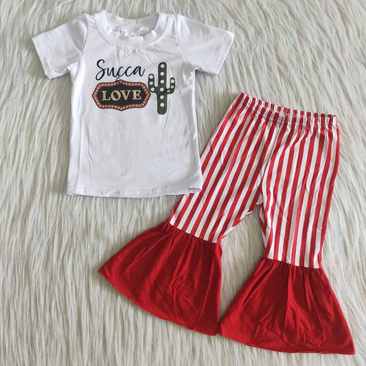 Clearance A2-1 Cactus Love Cool Red Striped Print Girls Short Sleeve Bell Bottom Pants Outfits