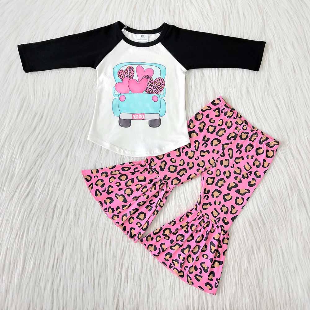 6 B7-24 Happy Valentine  Pink Leopard Girls Long Sleeve Bell Bottom Pants Outfits