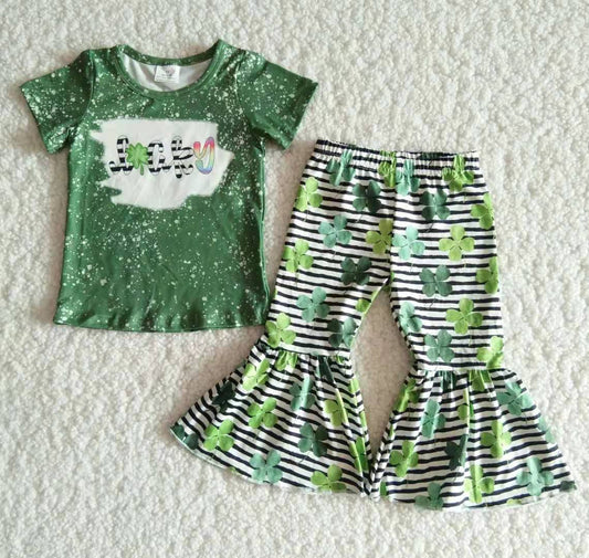 B14-4 Green Lucky St. Patrick Striped Girls Short Sleeve Bell Bottom Pants Outfits