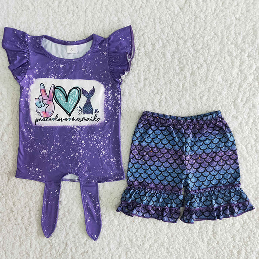 B6-11 Peace Love Mermaid Purple Summer Girls Short Sleeve Shorts Outfits