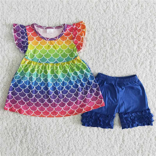 A7-4 Tie Dye Yellow Blue Fish Mermaid Scale Girls Flutter Sleeve Shorts Outfits