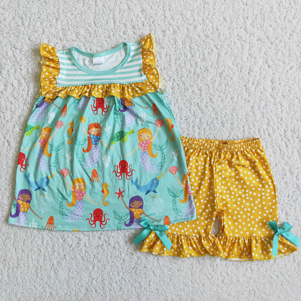 D9-11 Yellow Mermaid Print Summer Girls Short Sleeve Shorts Outfits