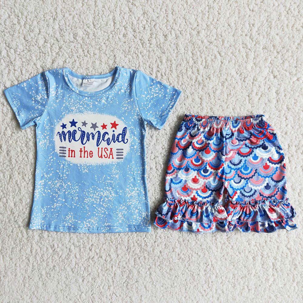 D13-19 4th Of July Mermaid In The Usa Bleach Design Girls Short Sleeve Shorts Outfits