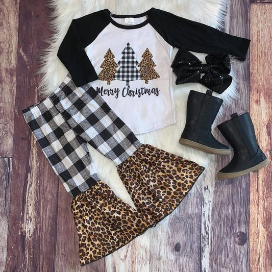 6 B8-18 Merry Christmas Tree Leopard Black Plaid Girls Long Sleeve Bell Bottom Pants Outfits