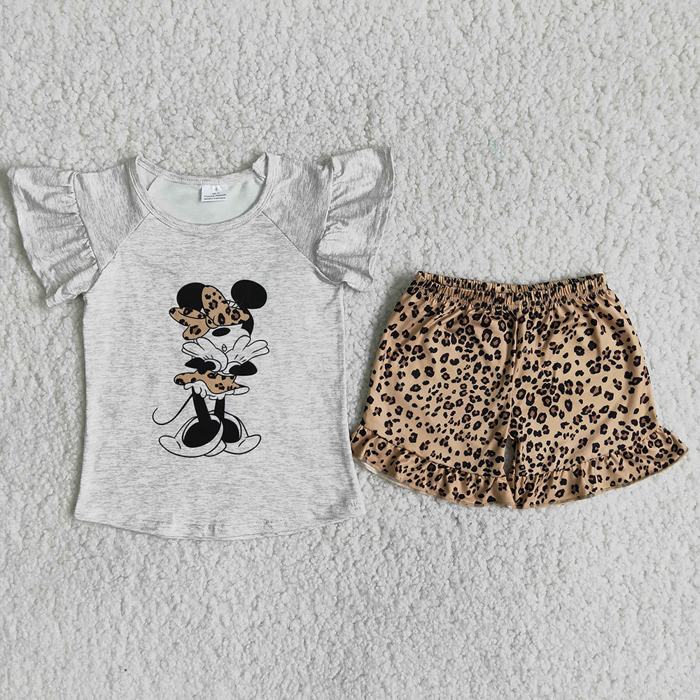 C0-14 M Cartoon Grey Leopard Girls Flutter Sleeve Shorts Outfits