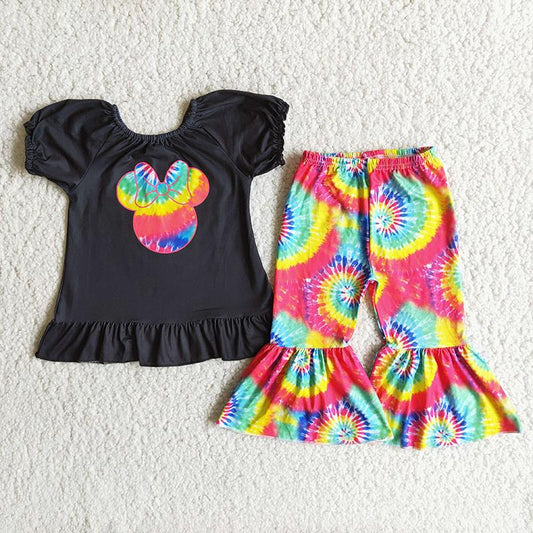 Clearance A3-10 Cartoon Tie Dye M Cartoon Black Top Girls Short Sleeve Bell Bottom Pants Outfits