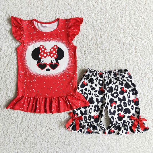 D7-29 Red M Cartoon Girls Short Sleeve Shorts Outfits