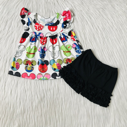 A11-16 Summer M Cartoon Black Girls Short Sleeve Shorts Outfits