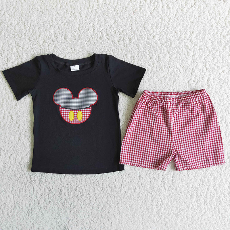 D5-15 Black Red Plaid M Cartoon Embroidery Boys Short Sleeve Shorts Outfits