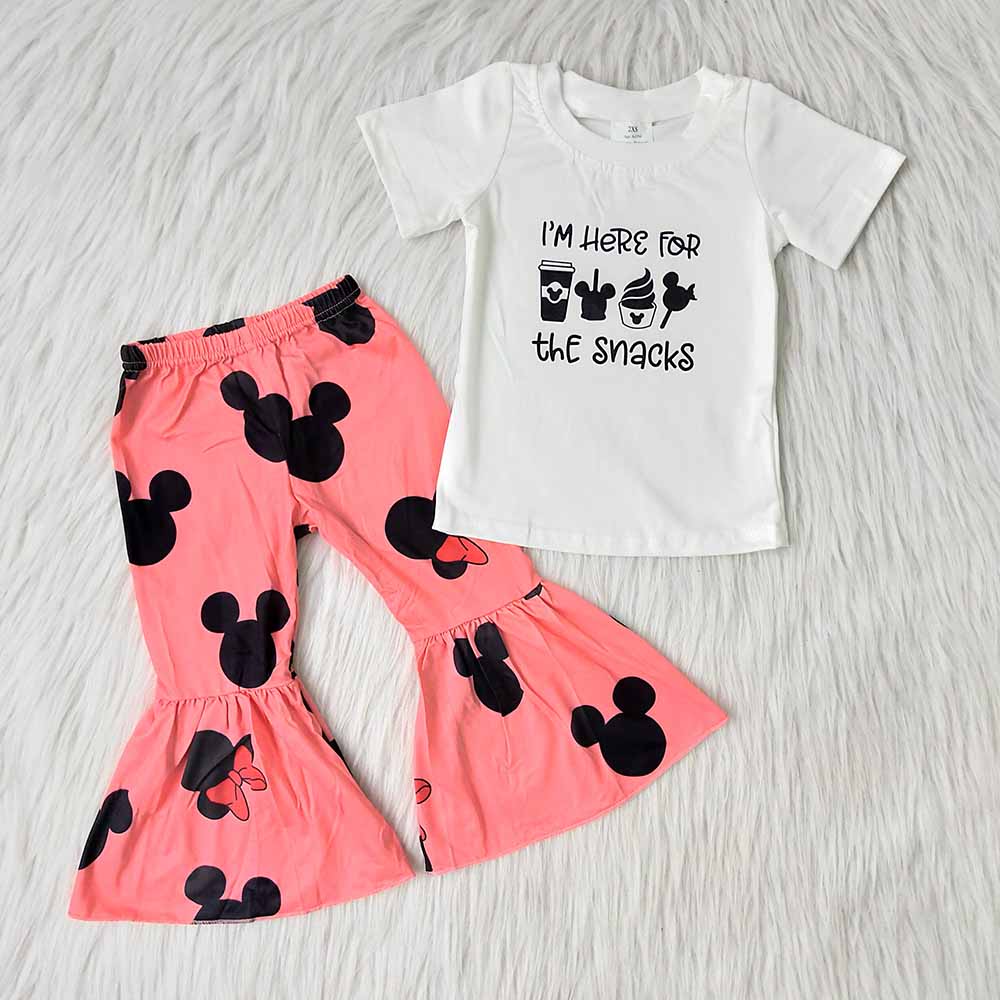 Clearance A13-22 I am here for the snacks Pink Mouse Cartoon Girls Short Sleeve Bell Bottom Outfits