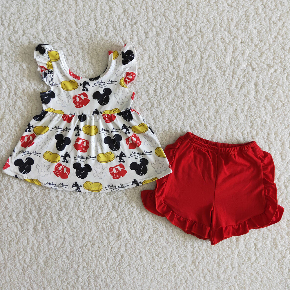 B15-16 Red Yellow Mouse Cartoon Print Baby Girls Short SLeeve Shorts Outfits